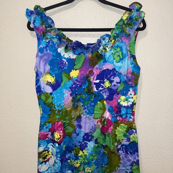 VTG 70’s Floral Hawaiian Ruffle Dress Sun Fashions Of Hawaii Honolulu Size 14 - Picture 2 of 10